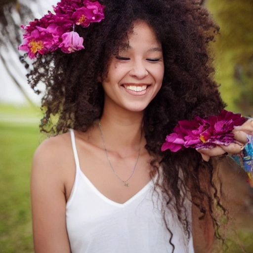 The girl with the petals in her hair, smile