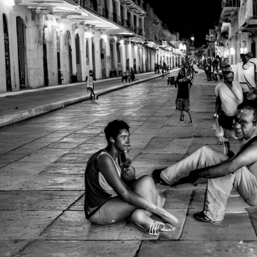 Havana, people in the street, sitting on the wall of the boardwalk, night, lights, realistic photo, 20 mm f 5.6