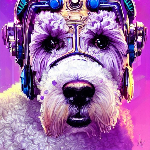 a beautiful portrait of a cute cyberpunk golden doodle dog by sandra chevrier and greg rutkowski and wlop, purple blue color scheme, high key lighting, volumetric light, digital art, highly detailed, fine detail, intricate, ornate, complex, octane render, unreal engine, photorealistic

