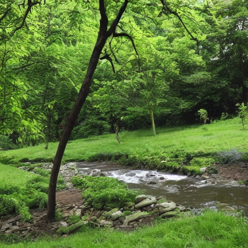 A tree is planted next to a stream with lush foliage. The picture includes a meadow, a stream, a fruit-bearing tree, and a man lying under the tree