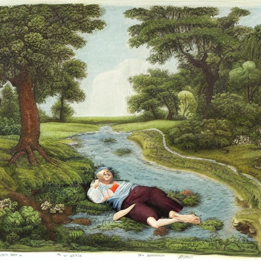 A tree is planted next to a stream with lush foliage. The picture includes a meadow, a stream, a fruit-bearing tree, and a man lying under the tree, 3D