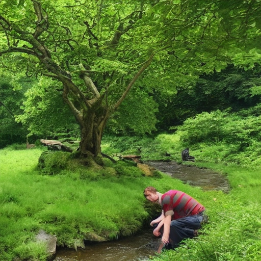 A tree is planted next to a stream with lush foliage. The picture includes a meadow, a stream, a fruit-bearing tree, and a man lying under the tree