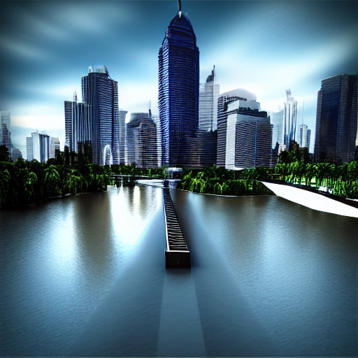 River, Road, city, 3D, skyscraper