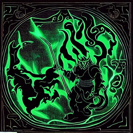 The surroundings are dark, except for a magical hammer, the outline of which glows with light, the body of which is carved in the dark green of thunder and lightning, and the top of which has nine divine dragons attached to it