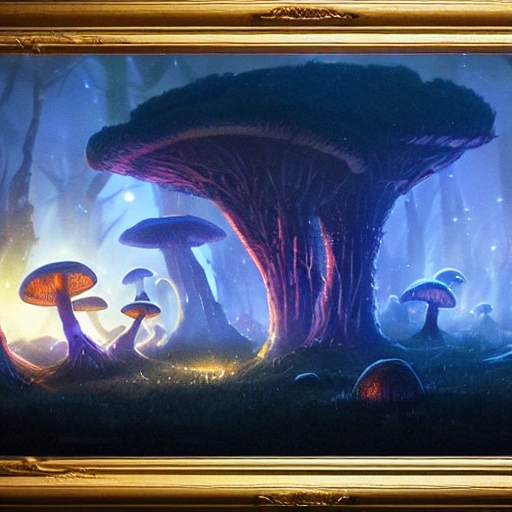 concept art painting of a fantasy alien fungal landscape at night, with glowing blue lights, glowing blue mushrooms, dark purple sky, realistic, detailed, cel shaded, in the style of makoto shinkai and greg rutkowski and albert bierstadt and james gurney 