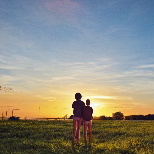 rural landscape,sunset,people behind,high school student,male-female pair,line up
