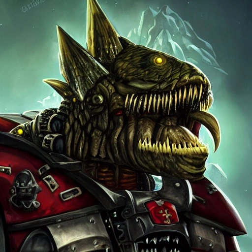 close - up portrait of a fearsome  Warhammer 40,000 Space Ork Sector Warboss . Frightening , Fangs and tusks , massive square jaw with underbite , cybernetic eye , smoking lit cigar , Heavy and crude industrial sci - fi armour , brutal weapons, Cartoon, Cartoon