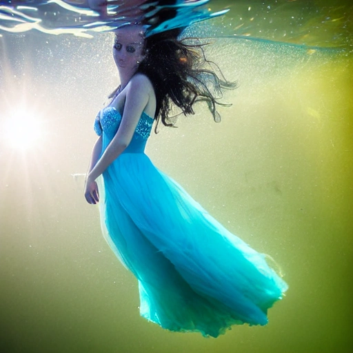 High detail RAW color photo professional, highly detail face: 1.4, a detailed portrait of a woman floating underwater wearing long flowing dress, nymph style, amazing underwater, detailed skin, wet clothes, wet hair, see-through clothes, lens flare, shade, tindal effect, lens flare, backlighting, bokeh