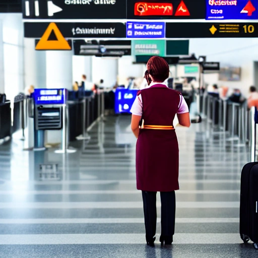 Very realistic photographic image of a check-in and boarding agent (female, 30 years old in maroon, black and white uniform) at the airport, staring at many passengers.