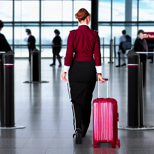 Very realistic photographic image of a check-in and boarding agent (female, 30 years old in maroon, black and white uniform) at the airport, staring at many passengers.