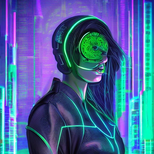 A beautiful portrait created by a lovely cyberpunk golden dog, blue and green color scheme, high-profile lighting, digital art, highly detailed, fine, complex, gorgeous, complex