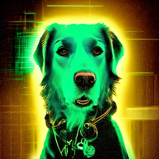 A beautiful portrait created by a lovely cyberpunk golden retriever, blue and green color scheme, high profile lighting, digital art, highly detailed, fine, complex, gorgeous, complex, 3D