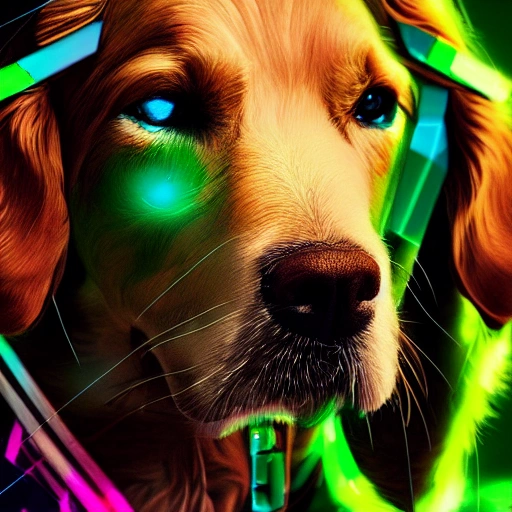 A beautiful portrait created by a lovely cyberpunk golden retriever, blue and green color scheme, high profile lighting, digital art, highly detailed, fine, complex, gorgeous, complex, 3D