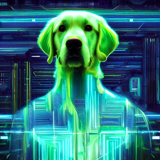 A beautiful portrait created by a lovely cyberpunk golden retriever, blue and green color scheme, high profile lighting, digital art, highly detailed, fine, complex, gorgeous, complex, 3D