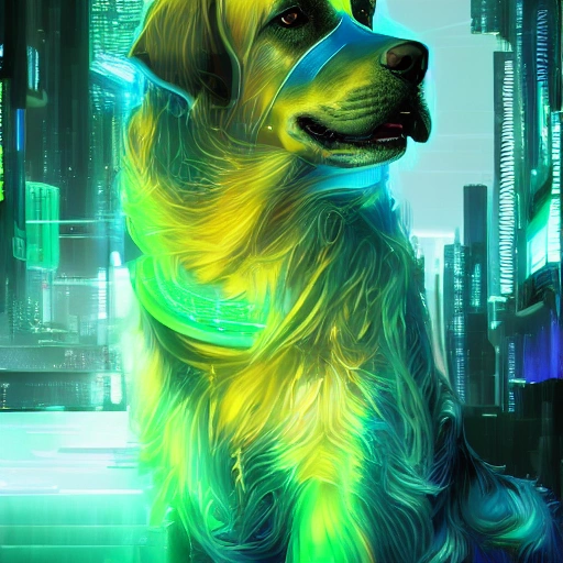  a lovely cyberpunk golden retriever, blue and green color scheme, high profile lighting, digital art, highly detailed, fine, complex, gorgeous, complex, 3D