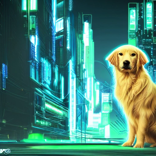  a lovely cyberpunk golden retriever, blue and green color scheme, high profile lighting, digital art, highly detailed, fine, complex, gorgeous, complex, 3D,size:375x812px