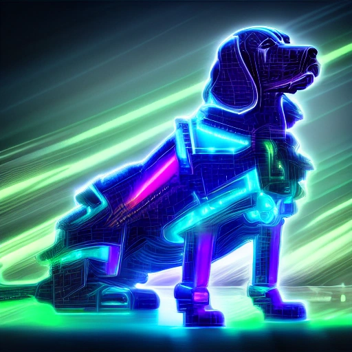  a lovely cyberpunk golden retriever, blue and green color scheme, high profile lighting, digital art, highly detailed, fine, complex, gorgeous, complex, 3D,size:375x812px