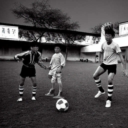 (8k, RAW photo:1.2),best quality, ultra high res,year 1950,in china ,peoples and alien play football