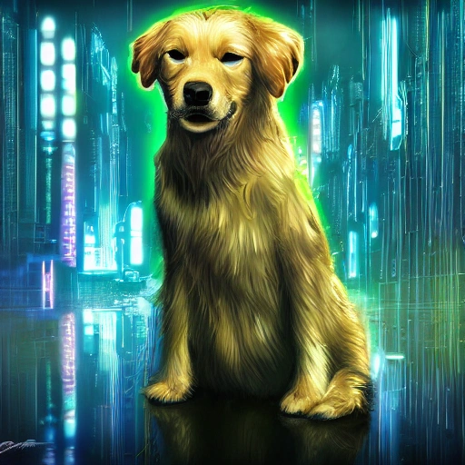  a lovely cyberpunk golden retriever, blue and green color scheme, high profile lighting, digital art, highly detailed, fine, complex, gorgeous, complex, 3D,"Img Width": 750,
"Img Height": 1624