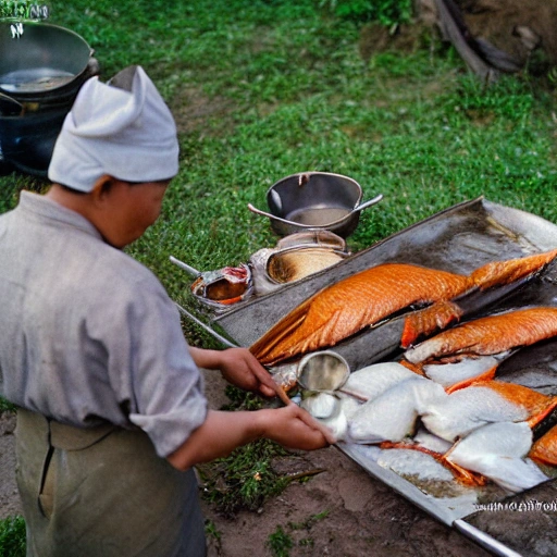 (8k, RAW photo:1.2),best quality, ultra high res,year 1950,in china ,people cooking fish at field side