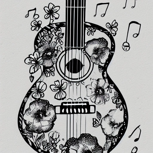 a sketch of a guitar with flowers around