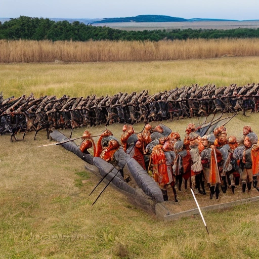 (8k, RAW photo:1.2),best quality, ultra high res,HD, photos, stills, Roman legions lined up on the plain, archers in front, hoplites behind, and finally hoplites, ready to fight, perspective from the hill