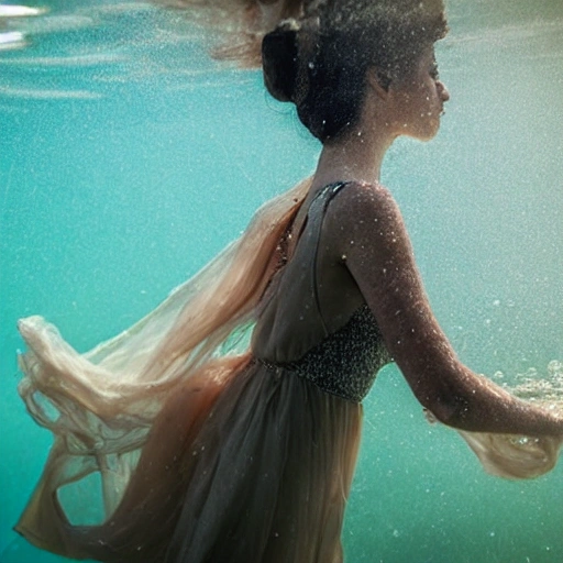 High detail RAW color photo professional, highly detail face: 1.4, a detailed portrait of a woman floating underwater wearing long flowing dress, nymph style, amazing underwater, detailed skin, wet clothes, wet hair, see-through clothes, lens flare, shade, tindal effect, lens flare, backlighting, bokeh