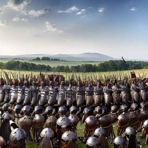 (8k, RAW photo:1.2),best quality, ultra high res, stills, Roman legions lined up on the plain, archers in front, hoplites behind, and finally hoplites, ready to fight, perspective from the hill