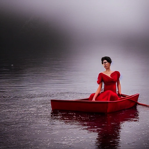 A Classical Beauty With Fair Skin And Red Lips, Wearing A Flowing Red Dress, Rows A Boat Through Misty Rain And Fog.