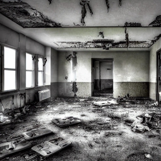 Create an image of a mental hospital inside an abandoned base, with empty cots and outdated medical equipment, leaking gas pipes lining the walls. The scene must be filled with a sense of tragedy and pain, as visitors imagine the patients who were once treated there in a traumatic and mentally tortured manner.