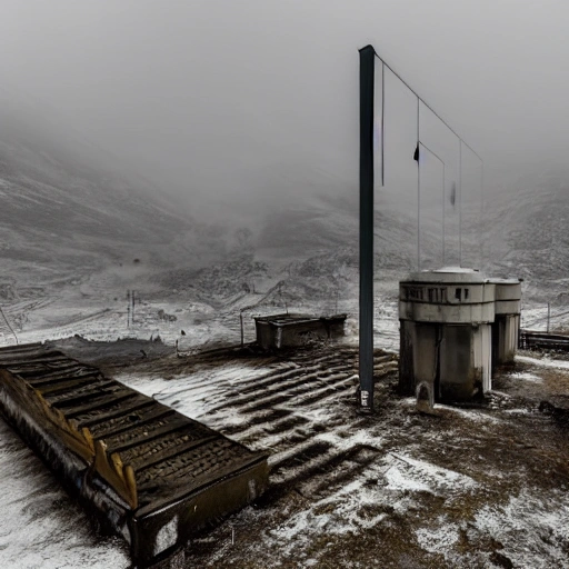 The Gas Station - Create an image of a fantastic abandoned gas station, on top of a mountain full of greenery, windy and snowy with other mountains in the background. The station is designed to refuel alien vehicles and has large fuel storage tanks connected to a network of pipes and hoses. The station is abandoned in an apocalyptic way, it is surrounded by a dense and thick fog, and the image must convey a feeling of isolation and desolation. The station should feature intricate details such as rusty metal gratings, leaking pipes, and discarded equipment.