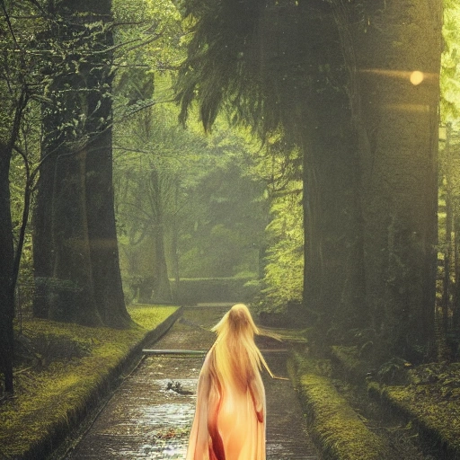 highly detail face: 1.4, a detailed portrait of a woman walking in the forest, very sexy long dress, wet clothes, see through cloths, nymph style, detailed skin, perfect medium hair, lens flare, shade, tindal effect, lens flare, backlighting, bokeh, rainy day