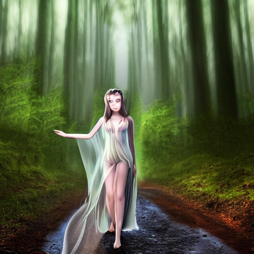 3D, highly detail face: 1.4, a detailed portrait of a woman walking in the forest, very sexy long dress, wet clothes, see through cloths, nymph style, detailed skin, perfect medium hair, lens flare, shade, tindal effect, lens flare, backlighting, bokeh, rainy day