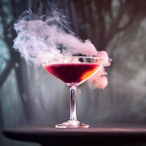 A close up of a magical cocktail with smoke coming off, atmospheric oliva lighting, on the table, 4k UHD, dark vibes, hyper detailed, vibrant colors forest background, epic composition, octane render, sharp focus, high resolution isometric, in the center shot, ((closeup shot))