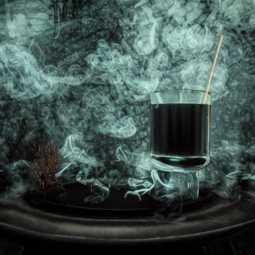 A close up of a magical cocktail with smoke coming off, atmospheric oliva lighting, on the table, 4k UHD, dark vibes, hyper detailed, vibrant colors forest background, epic composition, octane render, sharp focus, high resolution isometric, in the center shot, ((closeup shot)), 3D