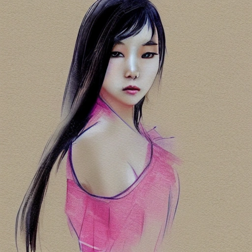 Draw a beautiful asian girl, standing and posing style digital painting, Water Color