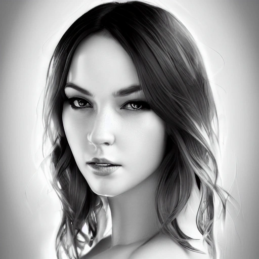 full body portrait of a beautiful young woman in black and white, photorealistic, hair down to waist, sharp focus, in the style of Kevin Kostic, Stephen Lau and artgerm, hyper sharp focus, 8k highly detailed