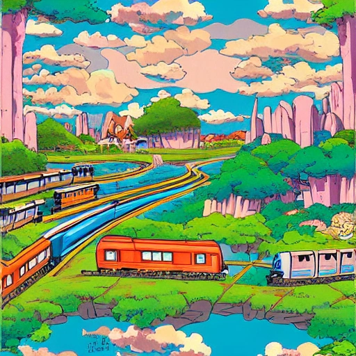  Cartoon  landscape and train stile Hayao Miyazaki