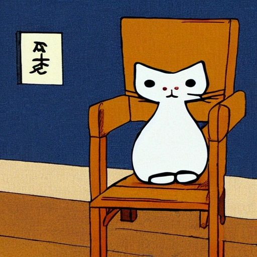  Cartoon,  stile Hayao Miyazaki
back cat sitting on the chair
