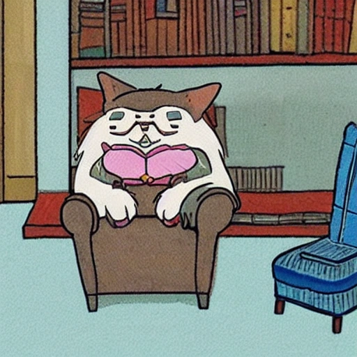  Cartoon,  stile Hayao Miyazaki
back cat sitting on the chair
