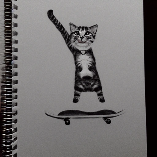 , Pencil Sketch cat skateboarding