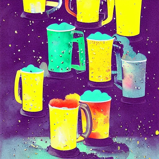 foaming beer into different shape mugs, chaos, yellow color, Water Color, victo ngai