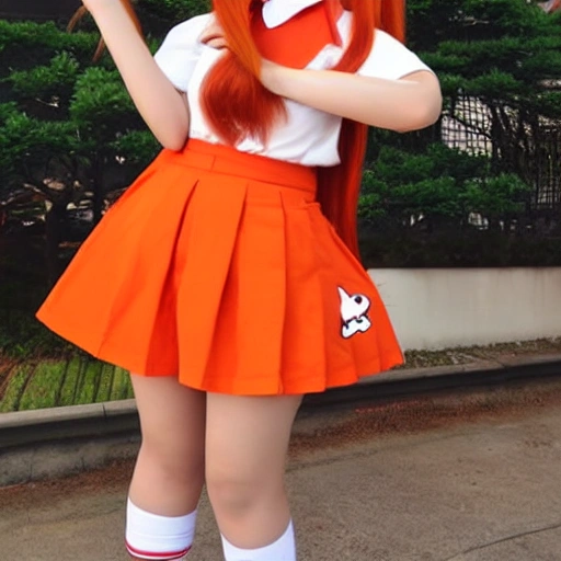 girl, orange hair, twintails hairstyle, wearing eyeglasses, fox ears, school Japanese uniform, red skirt, Cartoon.