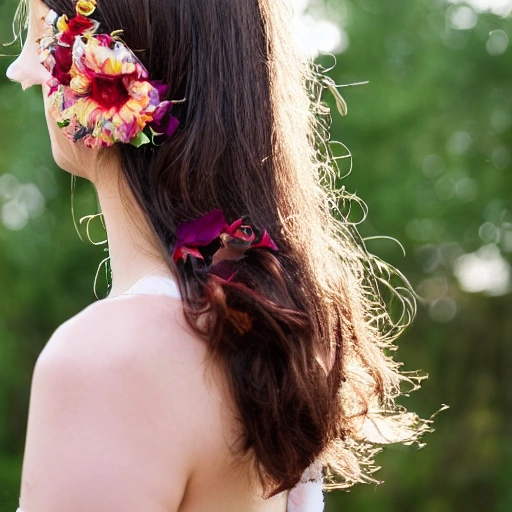 The girl with the petals in her hair, smile,Long neck, camera gaze