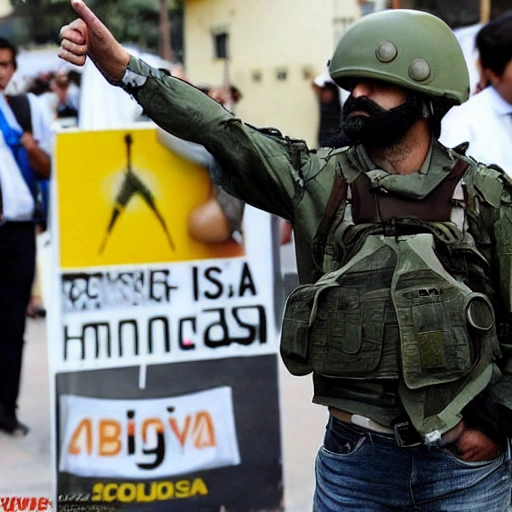 Dibuja un hombre en medio de un escenario, con la luz de un foco de luz amarilla apuntandole directamente, esta vestido con un atuendo de militar nicaraguense "Pisa Suave", lleva un rifle en su espalda, una pistola en su mano derecha, su rostro es de contextura delgada, mirada enojada hacia el centro, una expresion triste en su boca