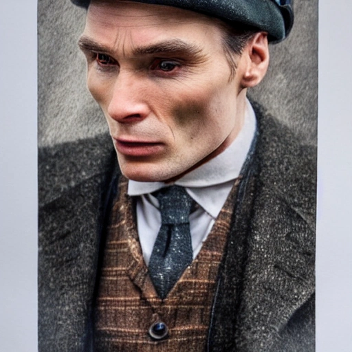 High detail RAW color photo professional, highly detail face: 1.4, a detailed portrait of Cillian Murphy wearing Tie suit with heavy overcoat and whool flat cap, dramatic color grade, dynamic angle, detailed wear, ultra detailed face and eyes, backlighting, bokeh, 19th style, Peaky Blinders style, Pencil Sketch