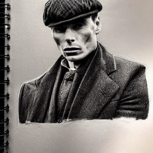 highly detail face: 1.4, a detailed portrait of Cillian Murphy wearing Tie suit with heavy overcoat and whool flat cap, dramatic color grade, dynamic angle, detailed wear, ultra detailed face and eyes, backlighting, bokeh, 19th style, Peaky Blinders style,nice eyes,(Pencil Sketch)