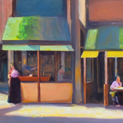 A coffee shop at the corner of the street, Two women chatting while holding coffee, sunny weather,Oil painting style