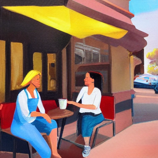 A coffee shop at the corner of the street, Two women chatting while holding coffee, sunny weather,Oil painting style