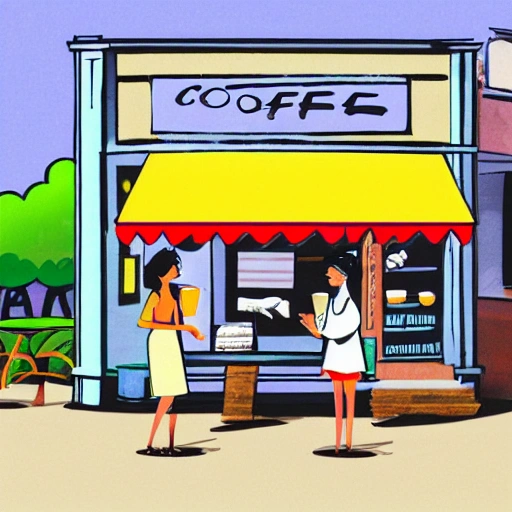 A coffee shop at the corner of the street, Two women chatting while holding coffee, sunny weather,Cartoon